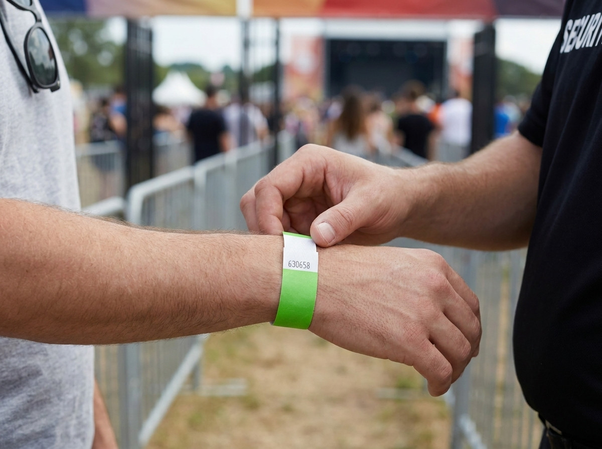 Personale di sicurezza che verifica il braccialetto antiritorno di un festivaliere allentrata di un evento
