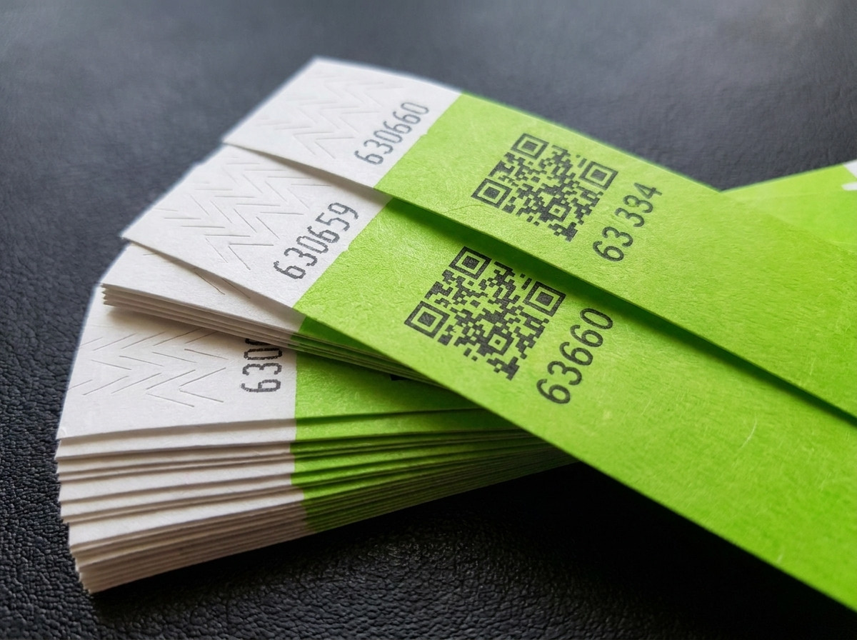 Pila di braccialetti in Tyvek personalizzati con codice QR e numerazione sequenziale, chiusura antimanomissione visibile