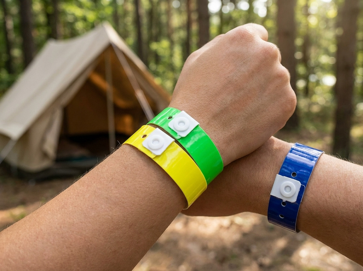 Braccialetti camping colorati in Tyvek indossati da campeggiatori all ingresso di una piscina esterna soleggiata