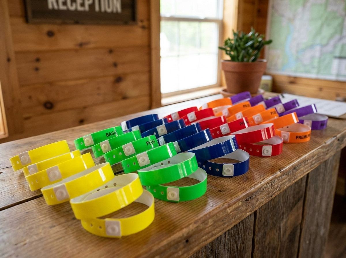 Braccialetti vinile PVC colorati su un bancone, durabilità della plastica per eventi multigiorno