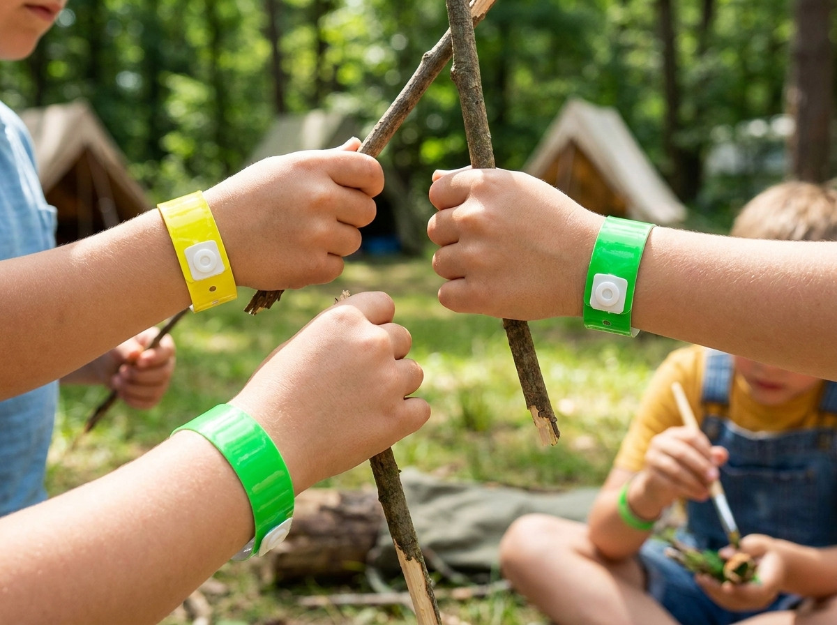 Braccialetti in Tyvek colorati per mini-club camping, indossati da bambini che partecipano a un animazione all aperto