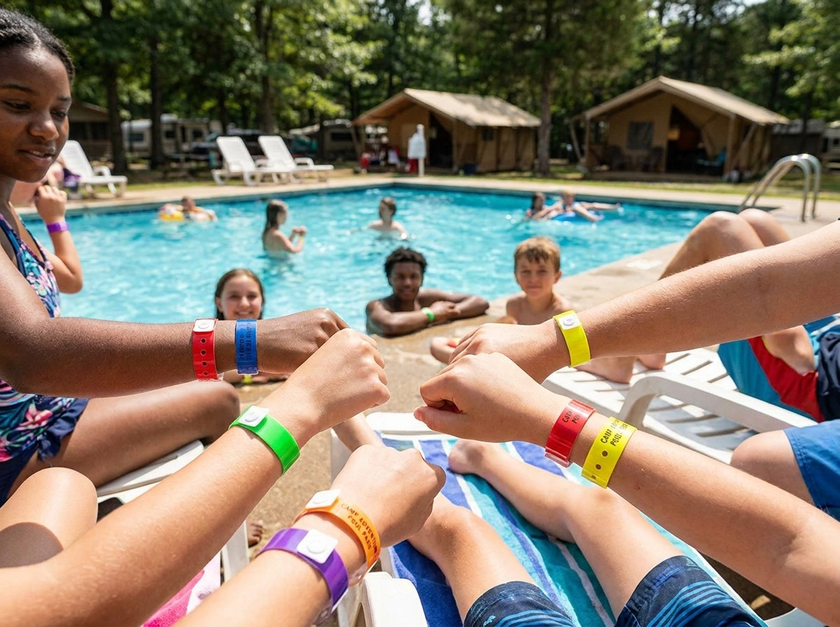 Braccialetti in vinile colorati indossati da campeggiatori a bordo piscina di un campeggio all aperto