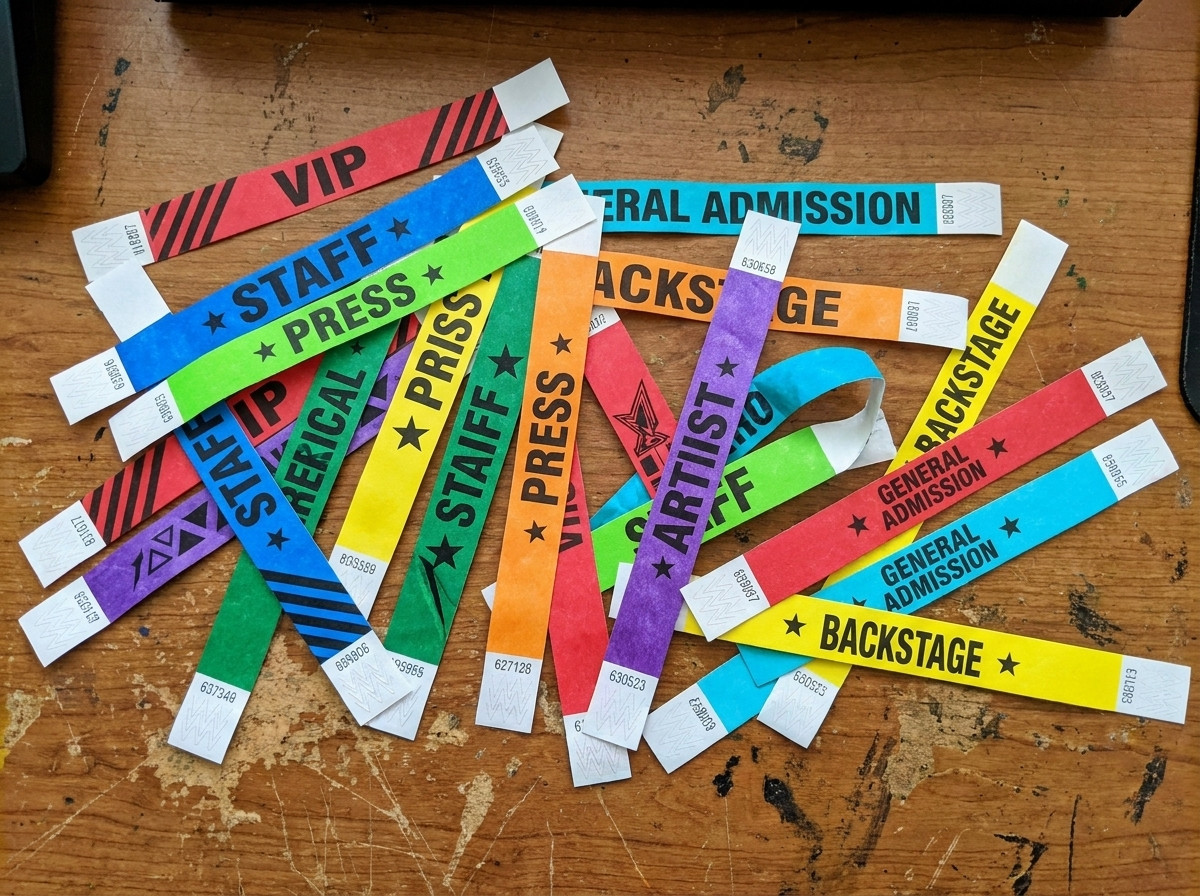 Braccialetti da festival colorati in Tyvek disposti su un tavolo di regia, che mostrano diversi colori e stampe per distinguere i tipi di pass