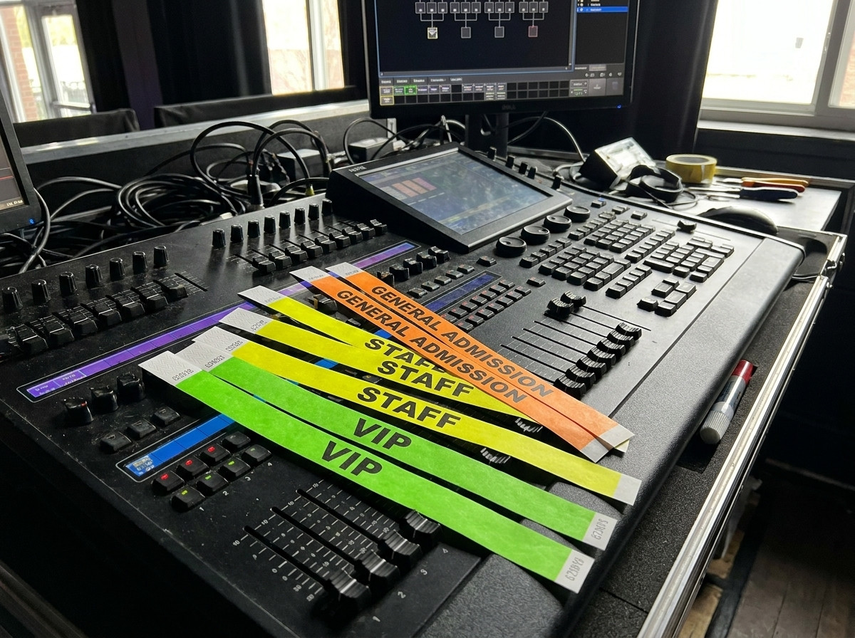 Braccialetti concerto personalizzati in Tyvek, colori diversi per VIP, staff e pubblico, posati su un tavolo di regia luci in backstage