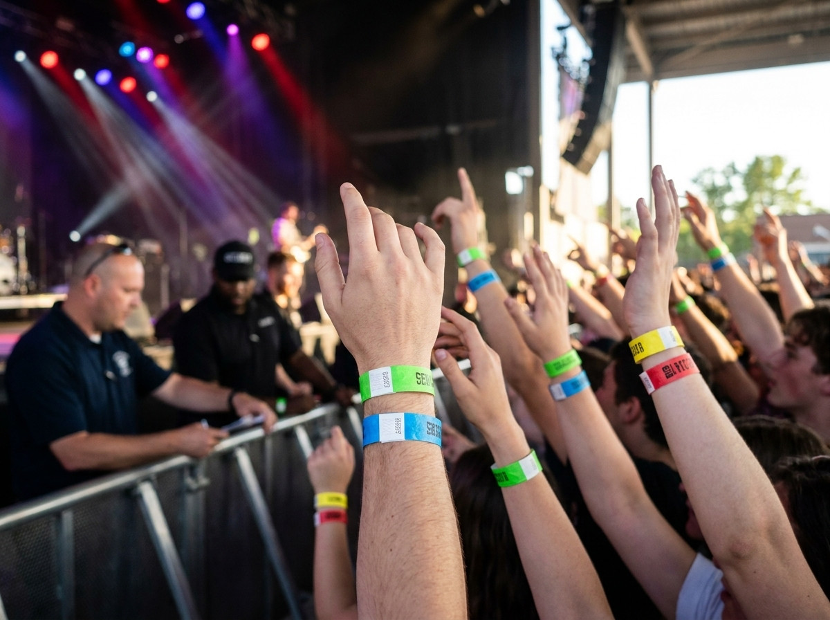 braccialetti identificativi colorati indossati da spettatori in fossa durante un concerto, agenti di sicurezza che verificano gli accessi sullo sfondo