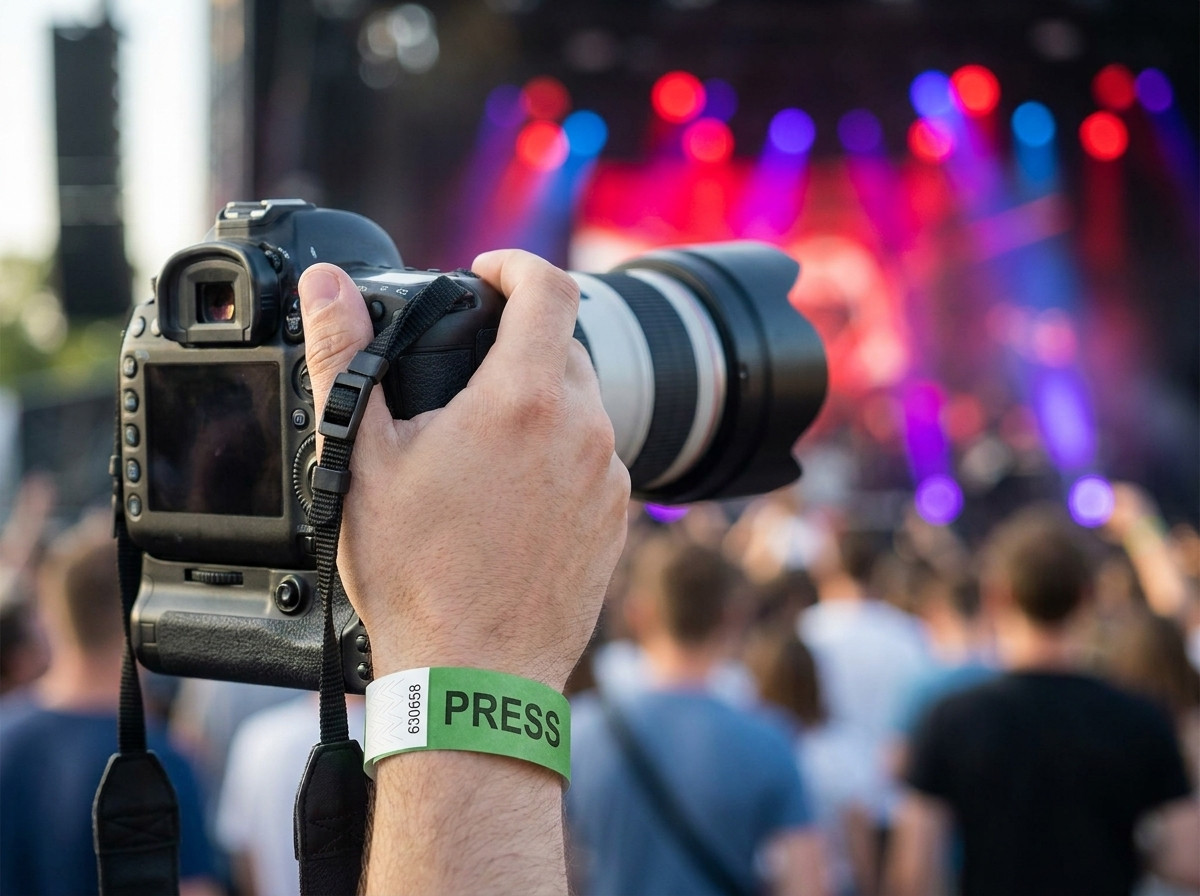 Fotografo in fossa che indossa un braccialetto stampa personalizzato durante un concerto