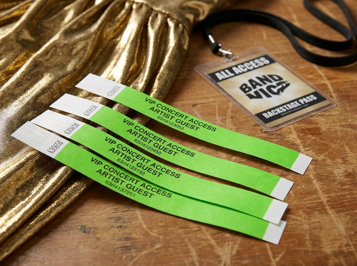 Braccialetti VIP personalizzati per concerto, posati su un tavolo backstage con lame dorato e badge artista