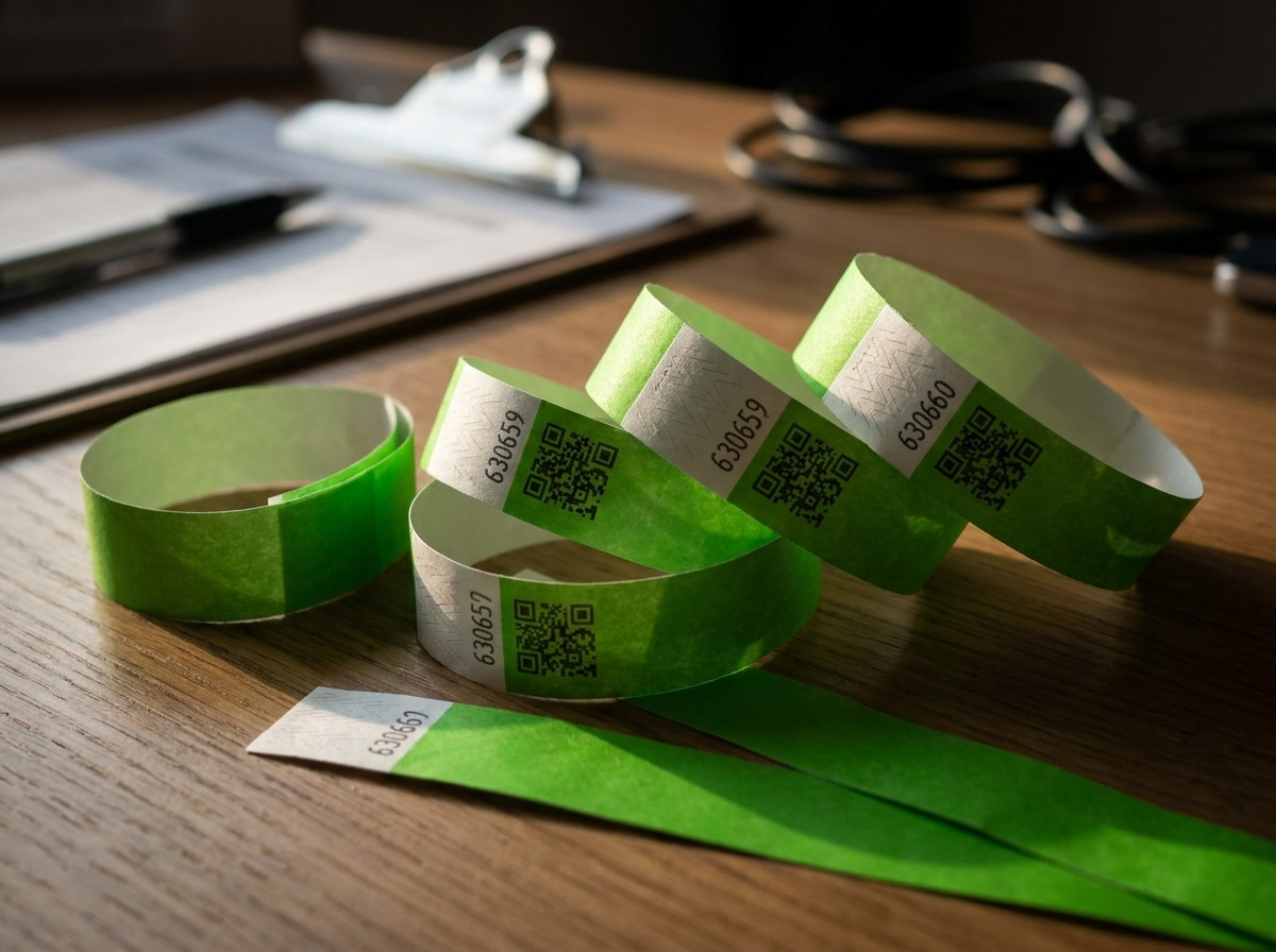 Braccialetti controllo accessi in Tyvek personalizzati con codici QR e numerazione sequenziale, posati su un tavolo di regia eventi