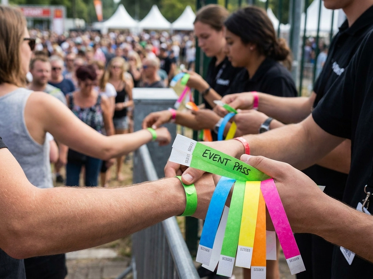 Braccialetti Tyvek colorati distribuiti agli spettatori all ingresso di uno stadio durante una partita di calcio