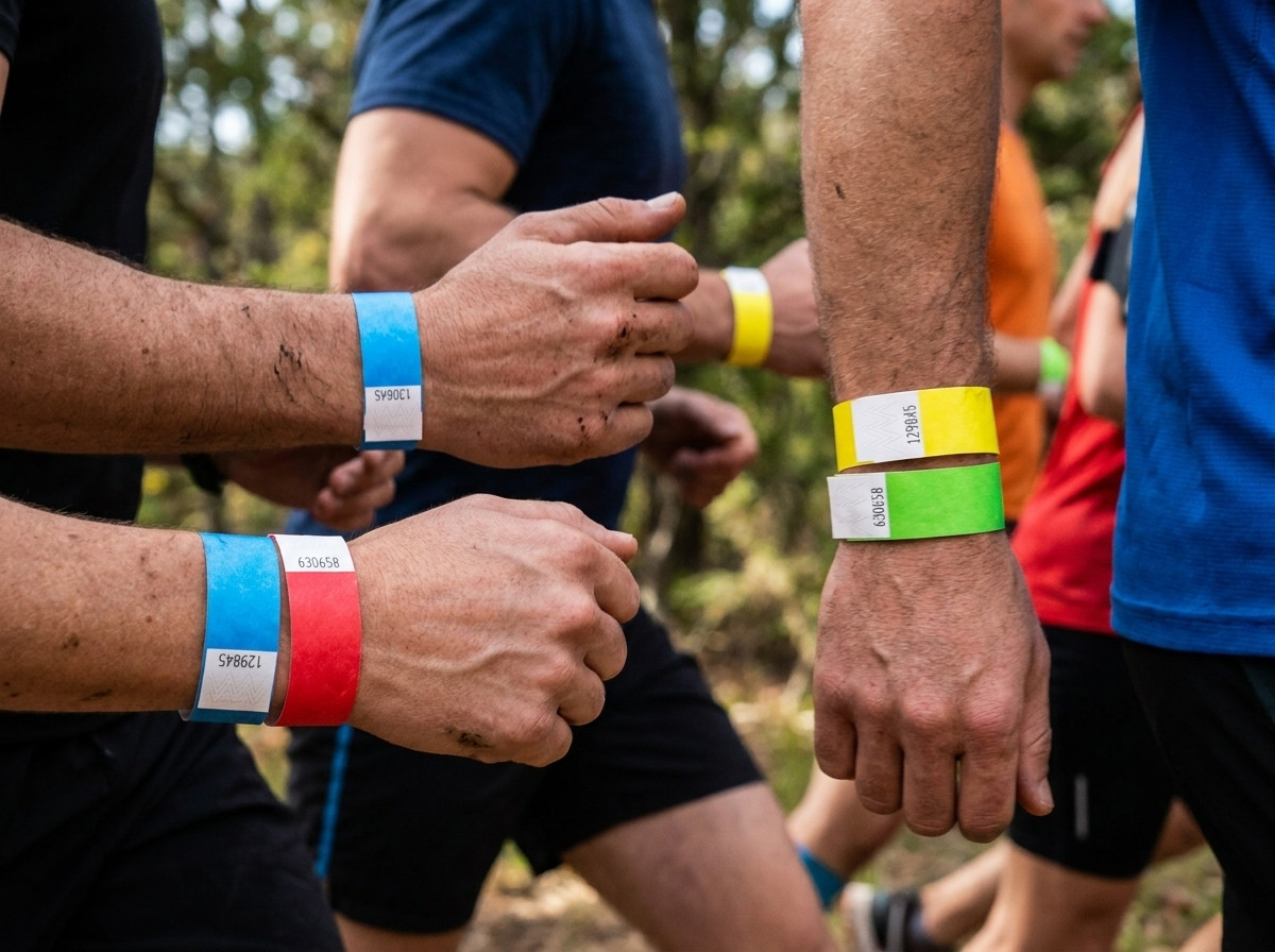 Corridori con braccialetti Tyvek colorati durante una maratona, con volontari al posto di ristoro che verificano i colori di categoria