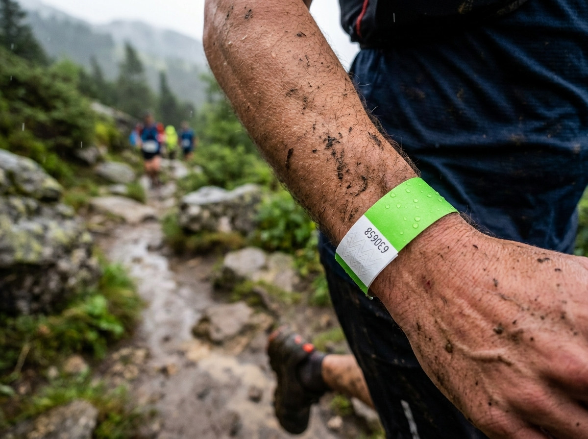 Corridore di trail con un braccialetto identificativo resistente al fango durante una gara in montagna