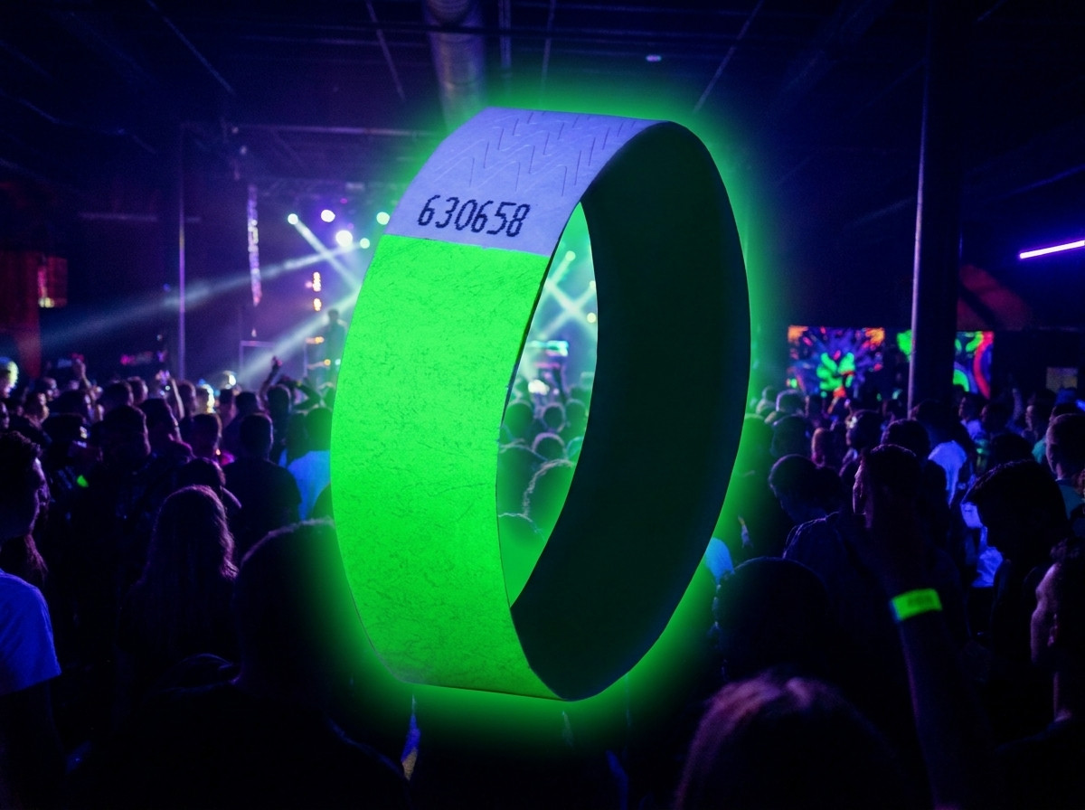 Braccialetti Tyvek fluo e reattivi ai raggi UV per festival elettro sotto luce nera, con logo e QR code stampati in alta definizione