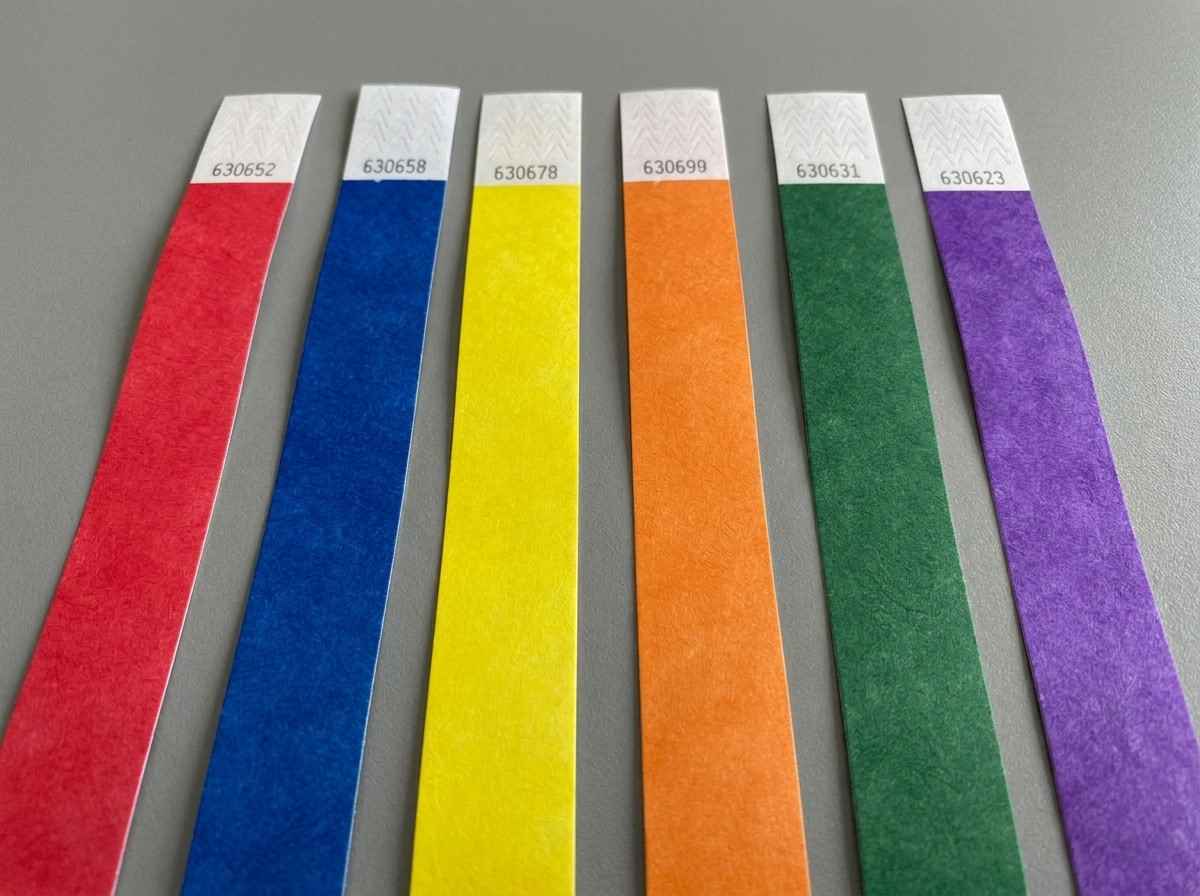 Braccialetti staff per festival in vari colori disposti fianco a fianco, ciascuno stampato con una funzione diversa: sicurezza, accoglienza, tecnica