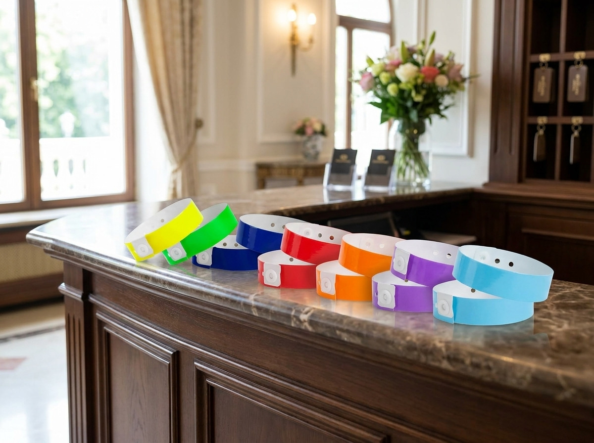 Braccialetti all-inclusive colorati disposti su un bancone di reception alberghiera, ogni colore rappresenta una formula di soggiorno diversa