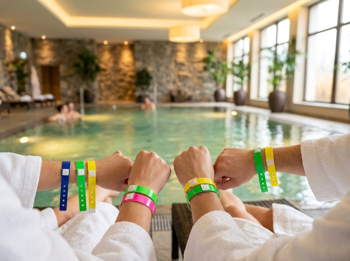 Braccialetti in vinile colorati indossati al polso da clienti in uno spazio spa di hotel con piscina coperta e luci soffuse