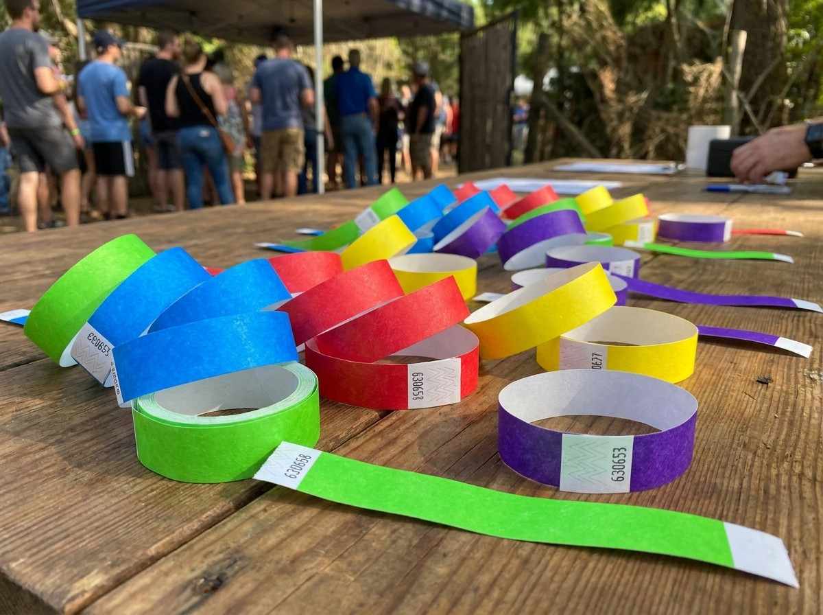 Braccialetti identificativi in Tyvek e personalizzati per bambini, pazienti ed eventi, posati su un tavolo con stampa HD leggibile
