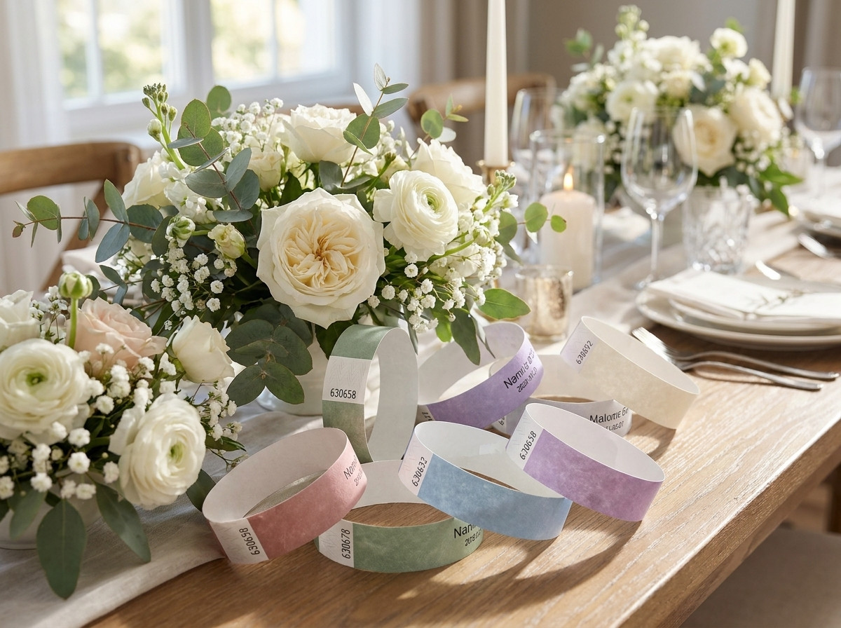 Braccialetti Tyvek colorati personalizzati per un matrimonio, disposti su un tavolo decorato con fiori