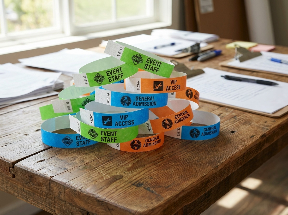 Braccialetti Tyvek personalizzati con logo e numerazione preparati per un festival o seminario aziendale