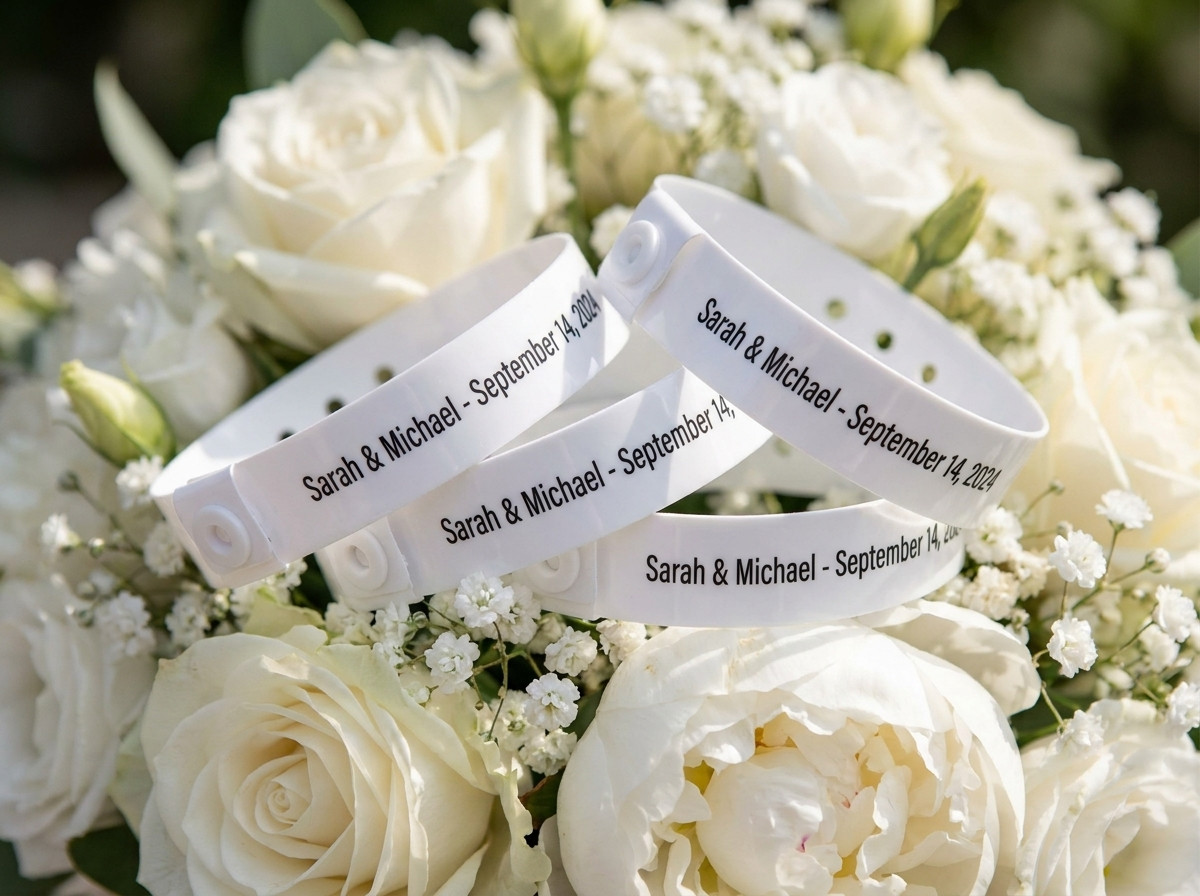 Braccialetti personalizzati per cerimonia nuziale in bianco con nomi degli sposi e data stampati in doratura, posati su un bouquet di fiori bianchi