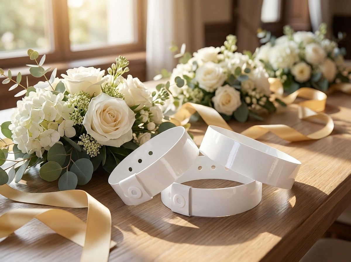 Braccialetti VIP personalizzati per matrimonio posati su un tavolo decorato con fiori bianchi e nastri dorati