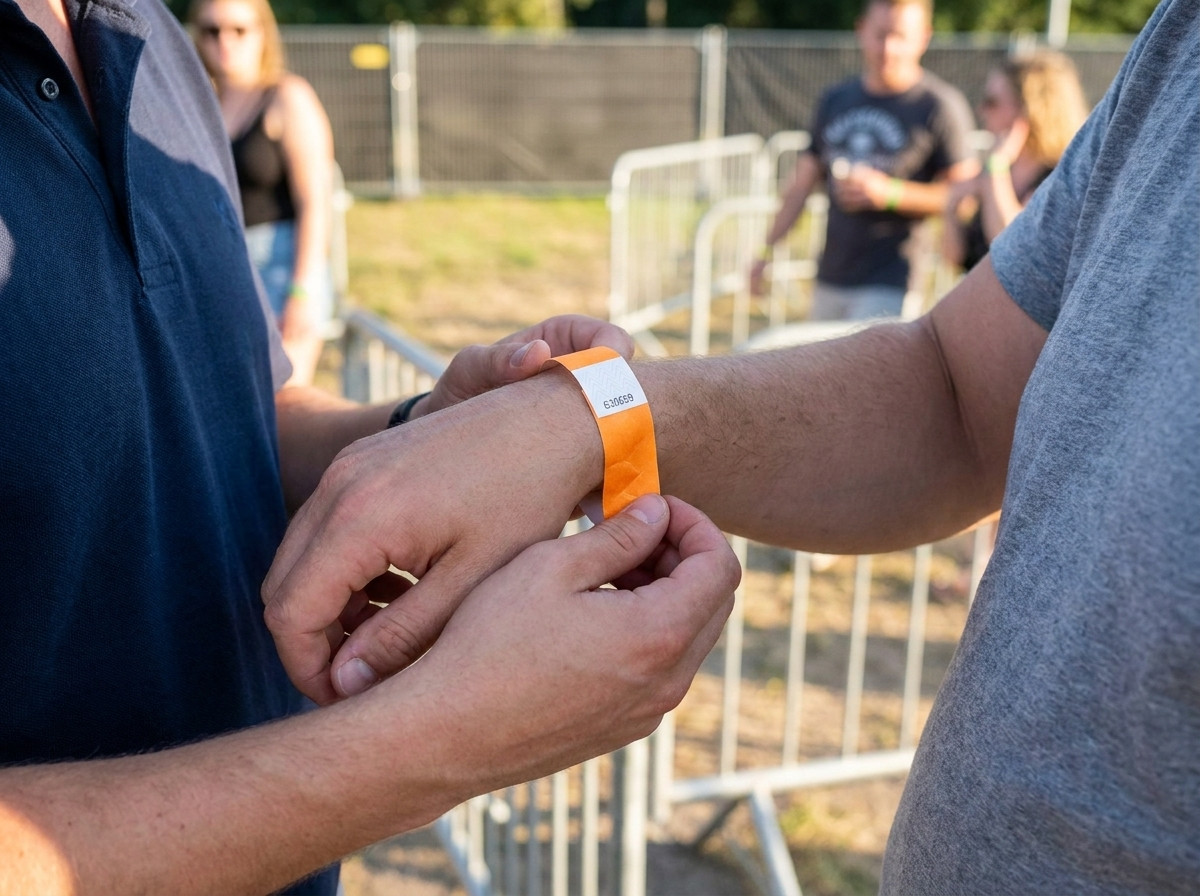 Personale di accoglienza di un festival che applica un braccialetto identificativo numerato al polso di un partecipante allentrata