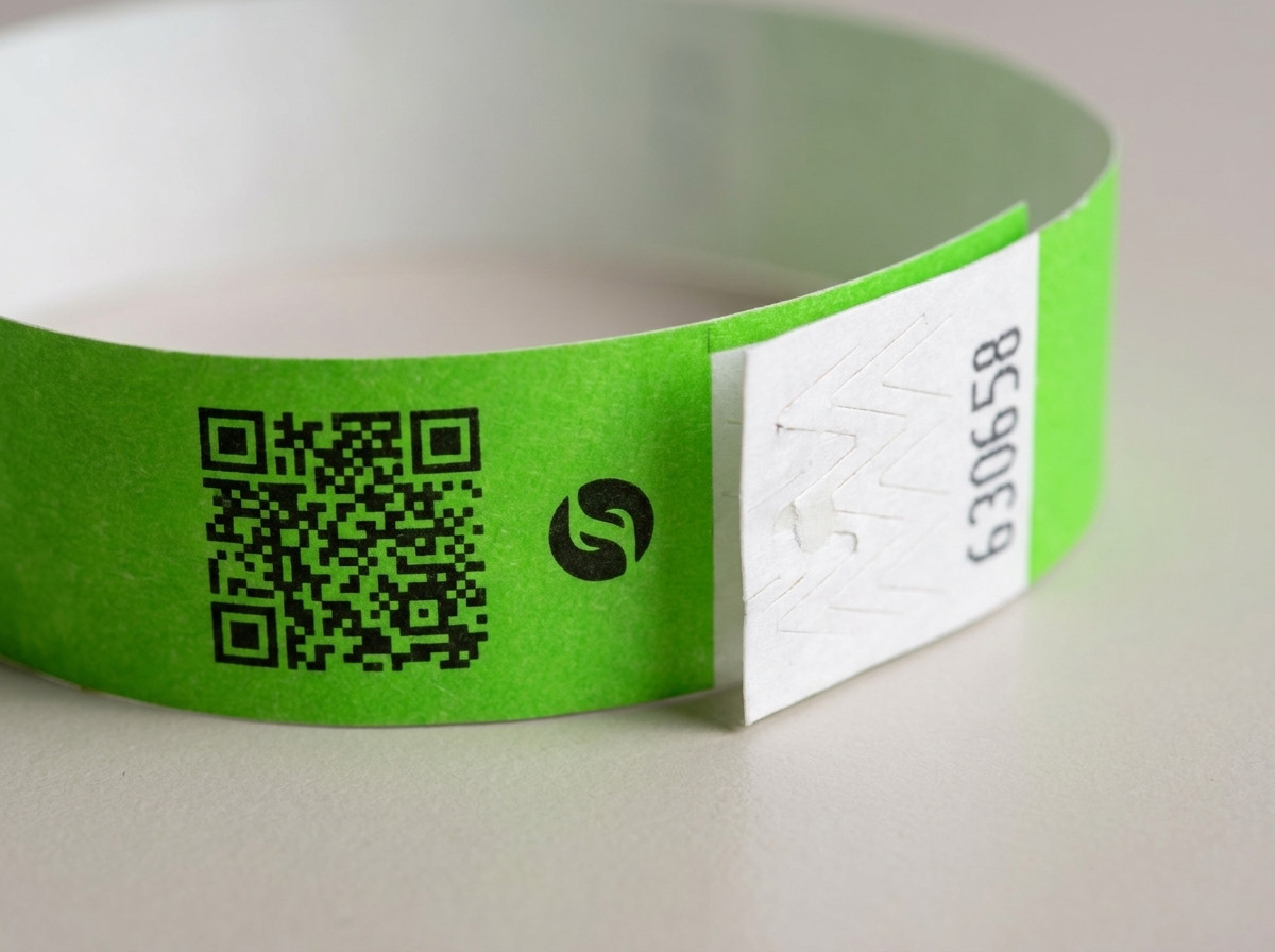 Primo piano su un braccialetto identificativo con codice QR e logo stampati in alta definizione
