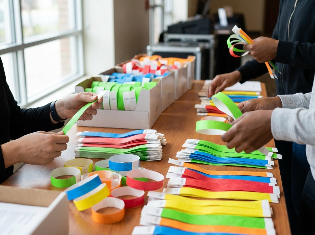 Tavolo di smistamento allentrata di un evento locale con braccialetti in carta di diversi colori disposti in rotoli