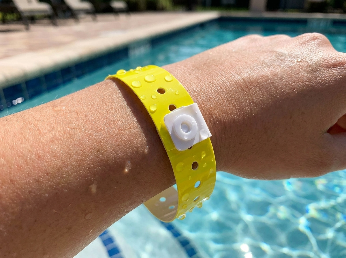 Primo piano su un braccialetto in vinile impermeabile indossato al polso di un bambino ai bordi di una piscina, con un numero di telefono chiaramente stampato