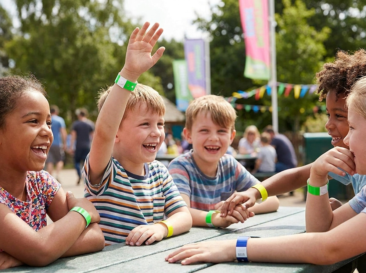 Bambini con braccialetti in vinile colorati all ingresso di uno scivolo in un grande parco acquatico soleggiato
