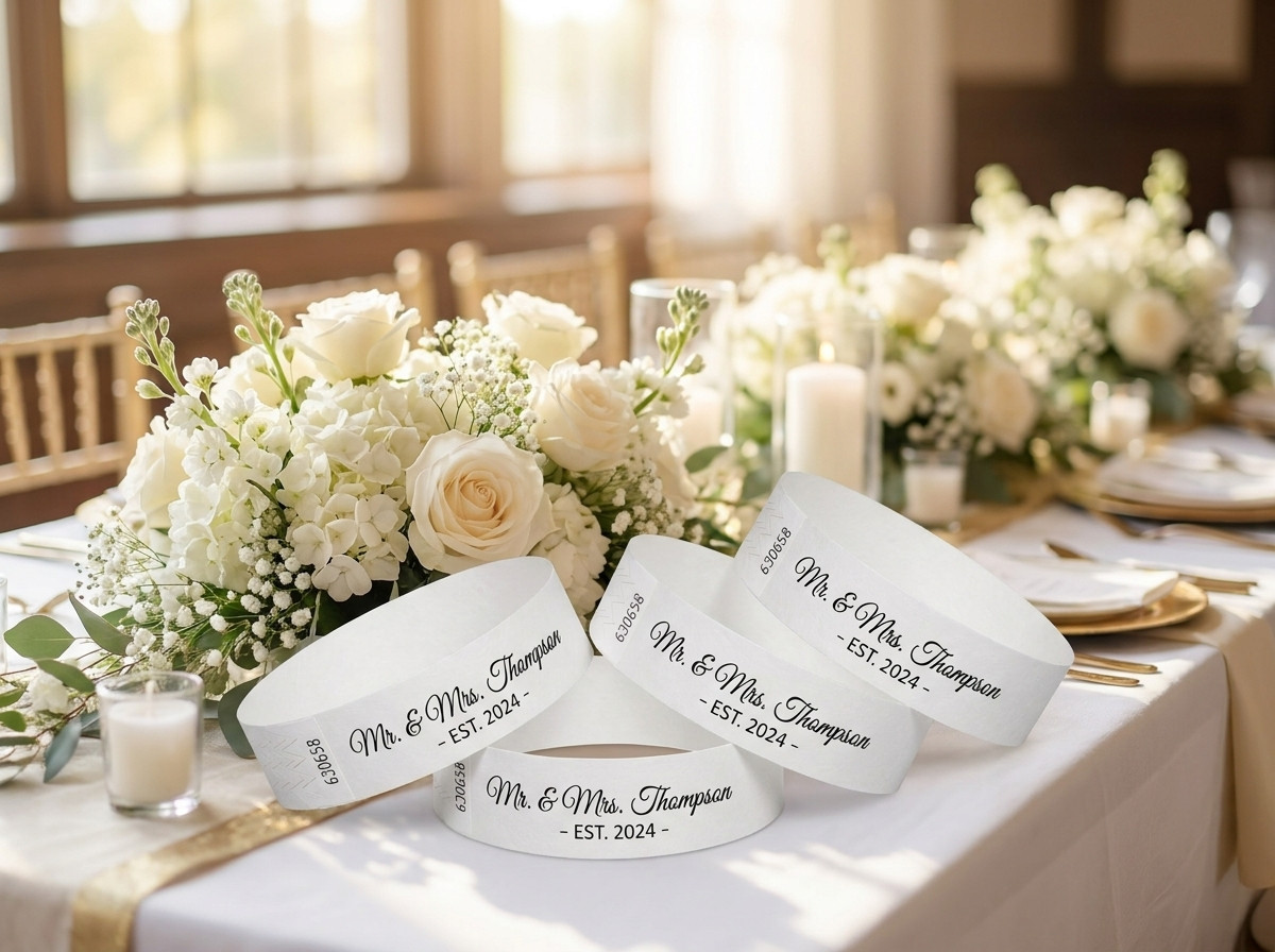 braccialetti identificativi bianco personalizzati con il nome degli sposi e la data del matrimonio, presentati su un tavolo decorato con fiori bianchi