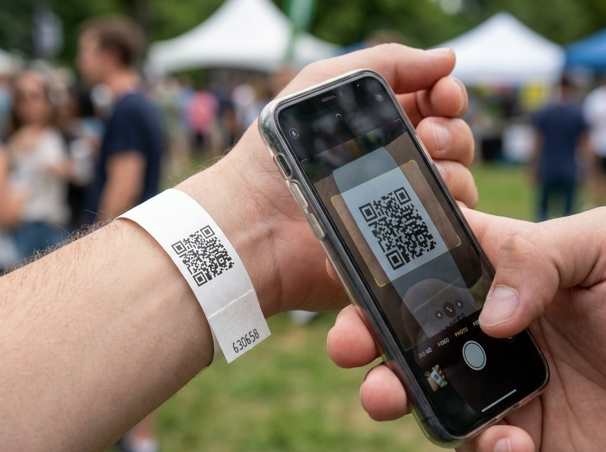 Primo piano su un braccialetto in Tyvek bianco con codice QR stampato in nero, scansionato da uno smartphone durante un controllo degli accessi allentrata di un festival