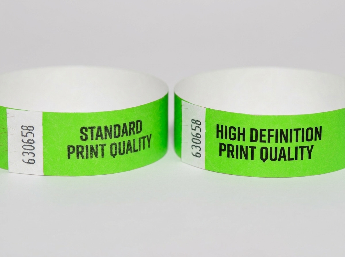 Confronto affiancato di un braccialetto Tyvek e di un braccialetto identificativo, ciascuno con un codice QR stampato in alta definizione con design eventi colorato