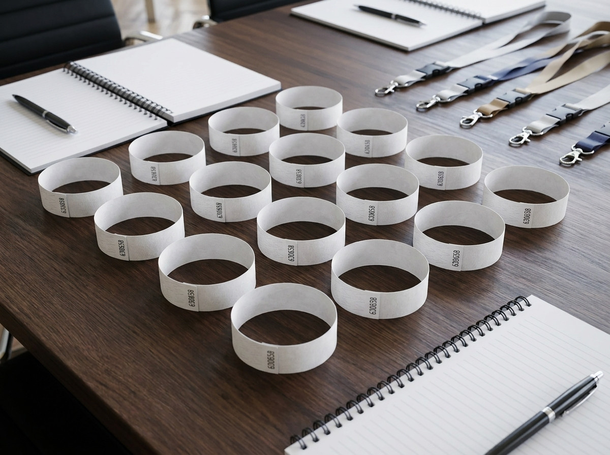 Braccialetti seminario in personalizzati con logo aziendale e codice a barre, posati su un tavolo da conferenza professionale