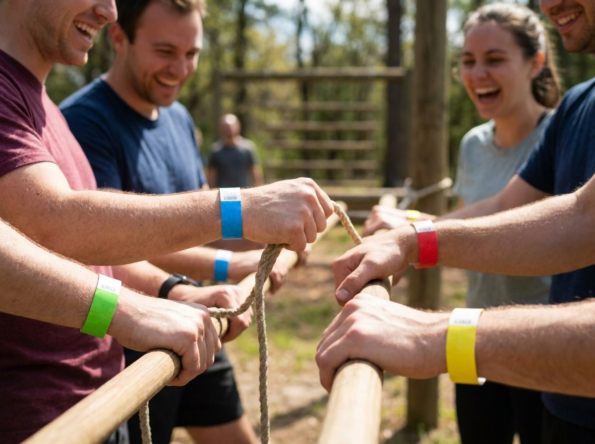 Braccialetti team building colorati indossati dai partecipanti durante una attivita all aperto, ogni colore rappresenta una squadra diversa