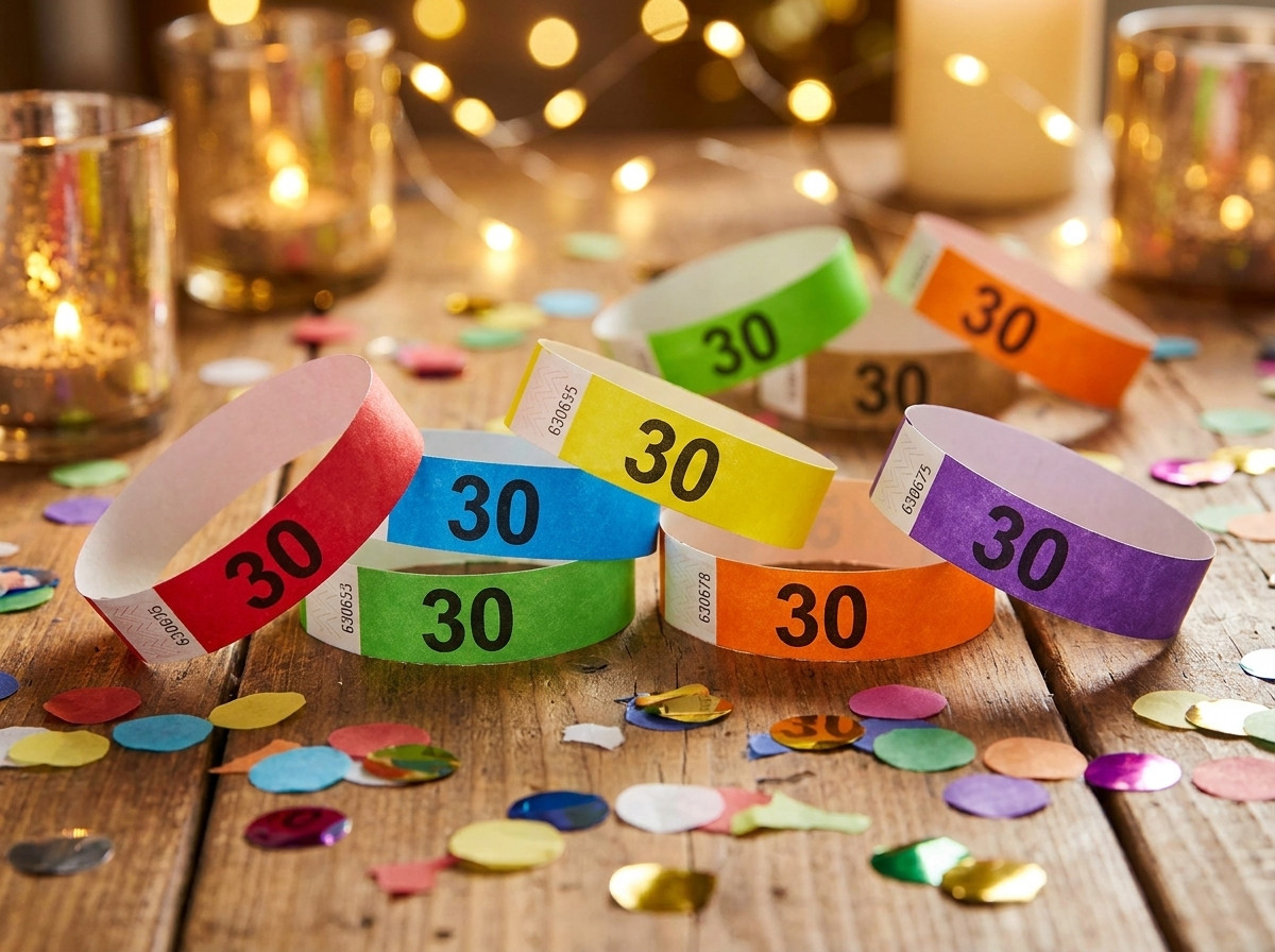 Braccialetti Tyvek colorati personalizzati con il numero 30 per una serata anniversario, posati su un tavolo decorato con coriandoli