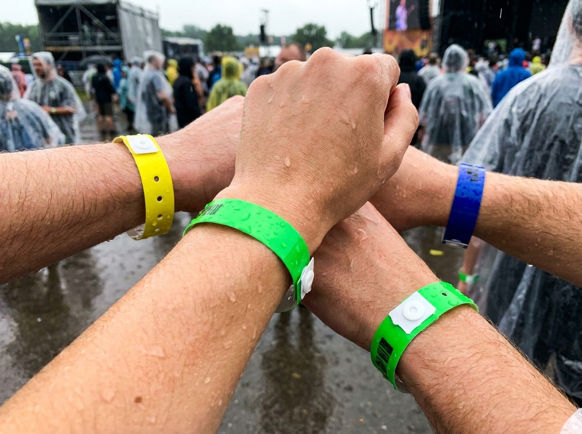 Braccialetti in vinile PVC colorati indossati al polso durante un festival di piu giorni sotto la pioggia